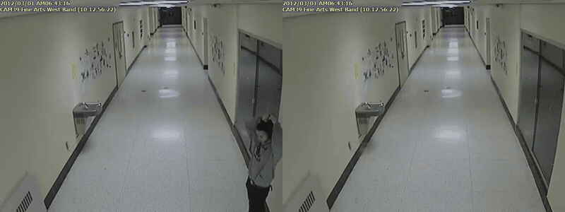 School corridor: standing person removed, timestamp preserved